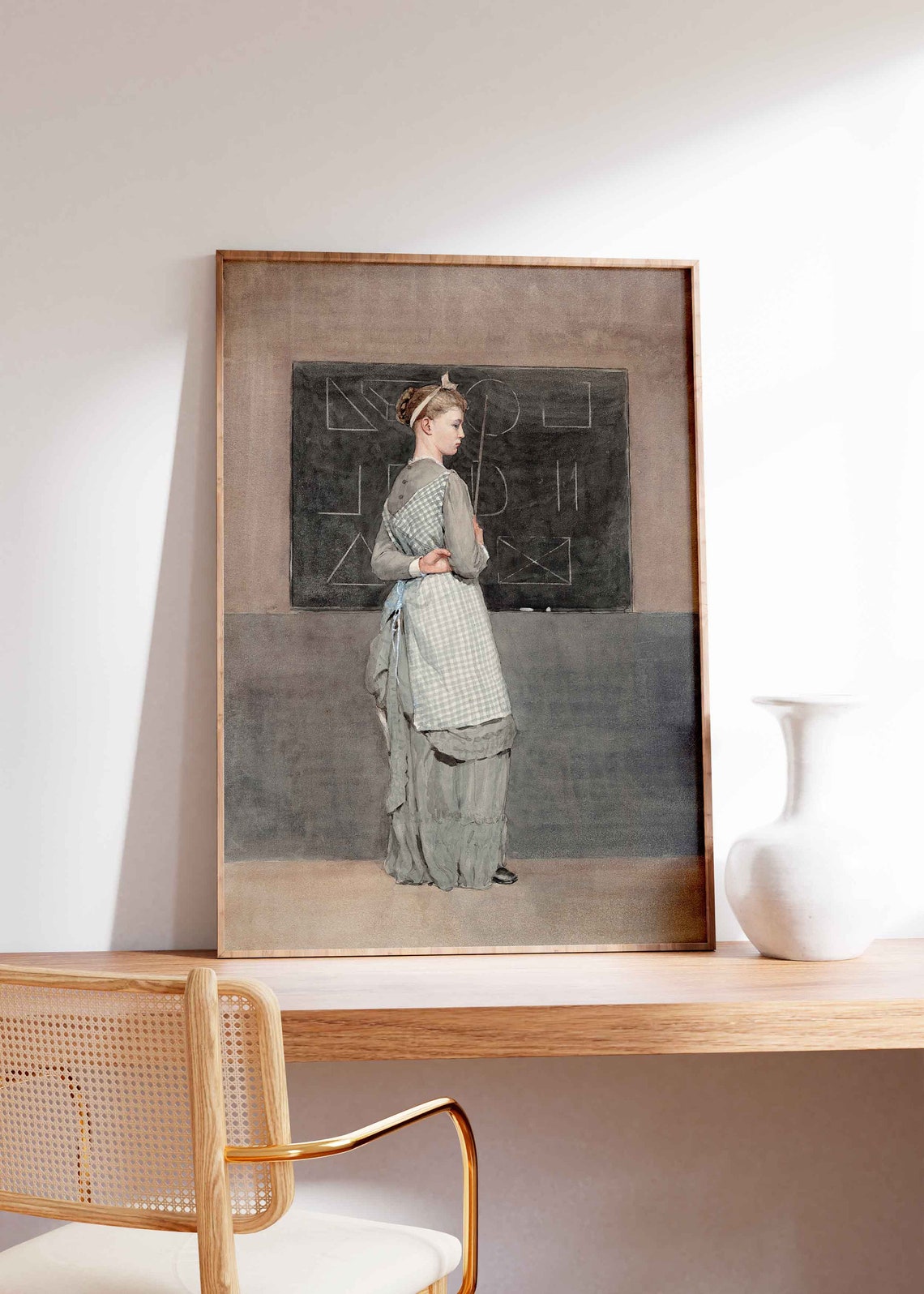 Schoolgirl in Apron Before Chalkboard Vintage Classroom Art Poster - Image 4