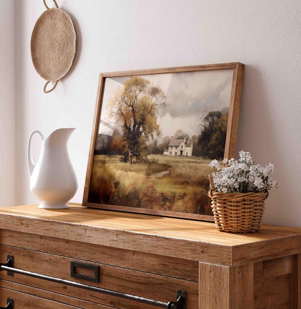 Lone Oak Tree in Golden Autumn Meadow by Old Farmhouse Poster - Image 3