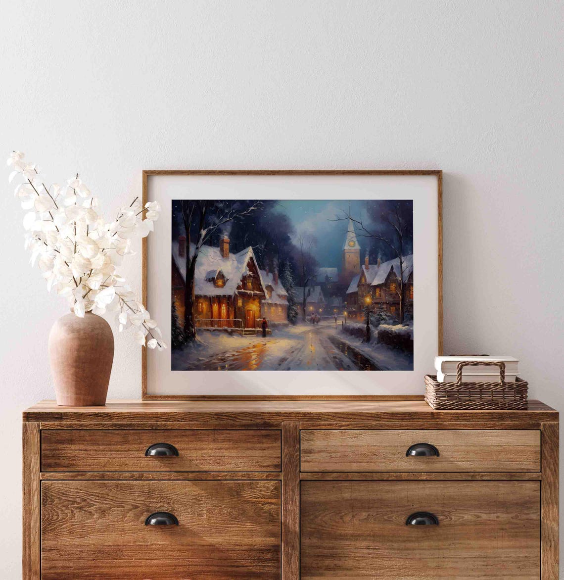 Snowy Village Night Church Steeple Glowing Lamps Painting Poster - Image 2