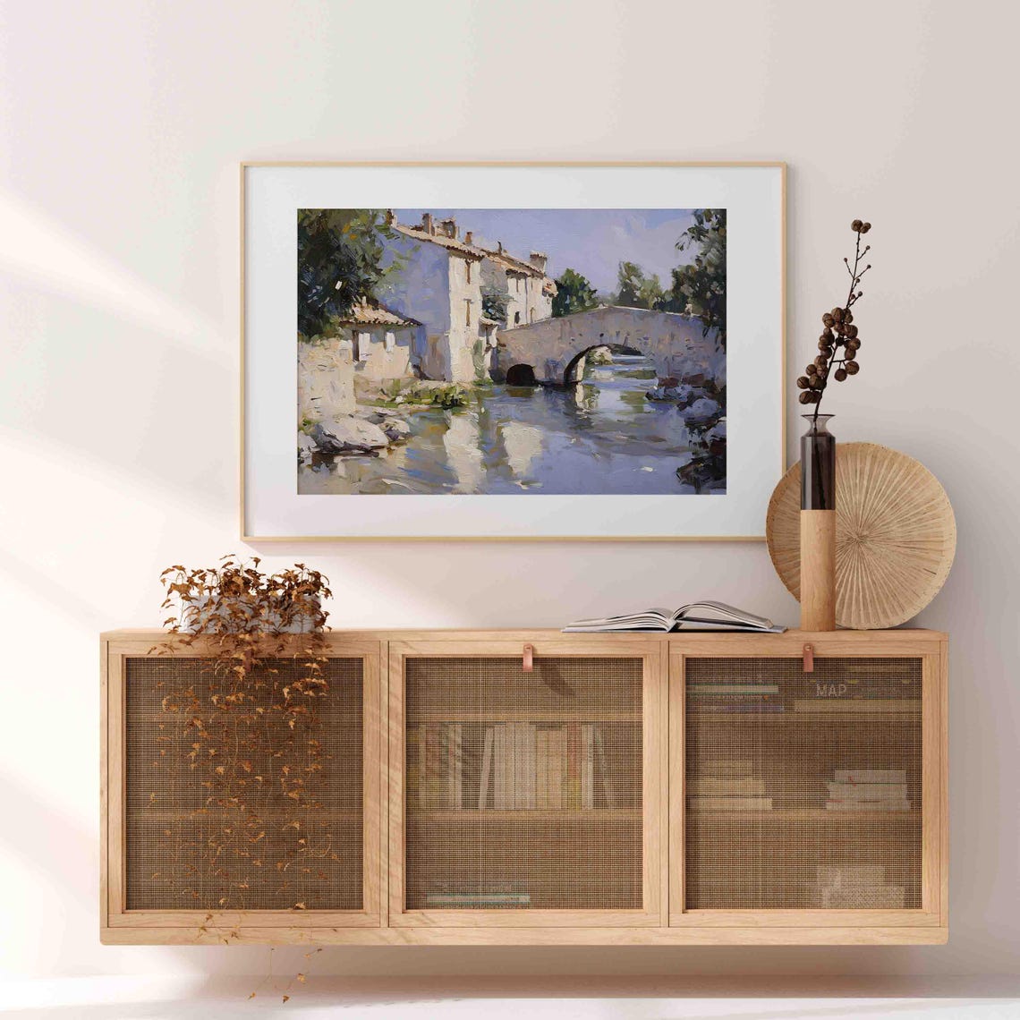 Old Stone Bridge Over River by Village Mill Sunny Impressionist Poster - Image 2