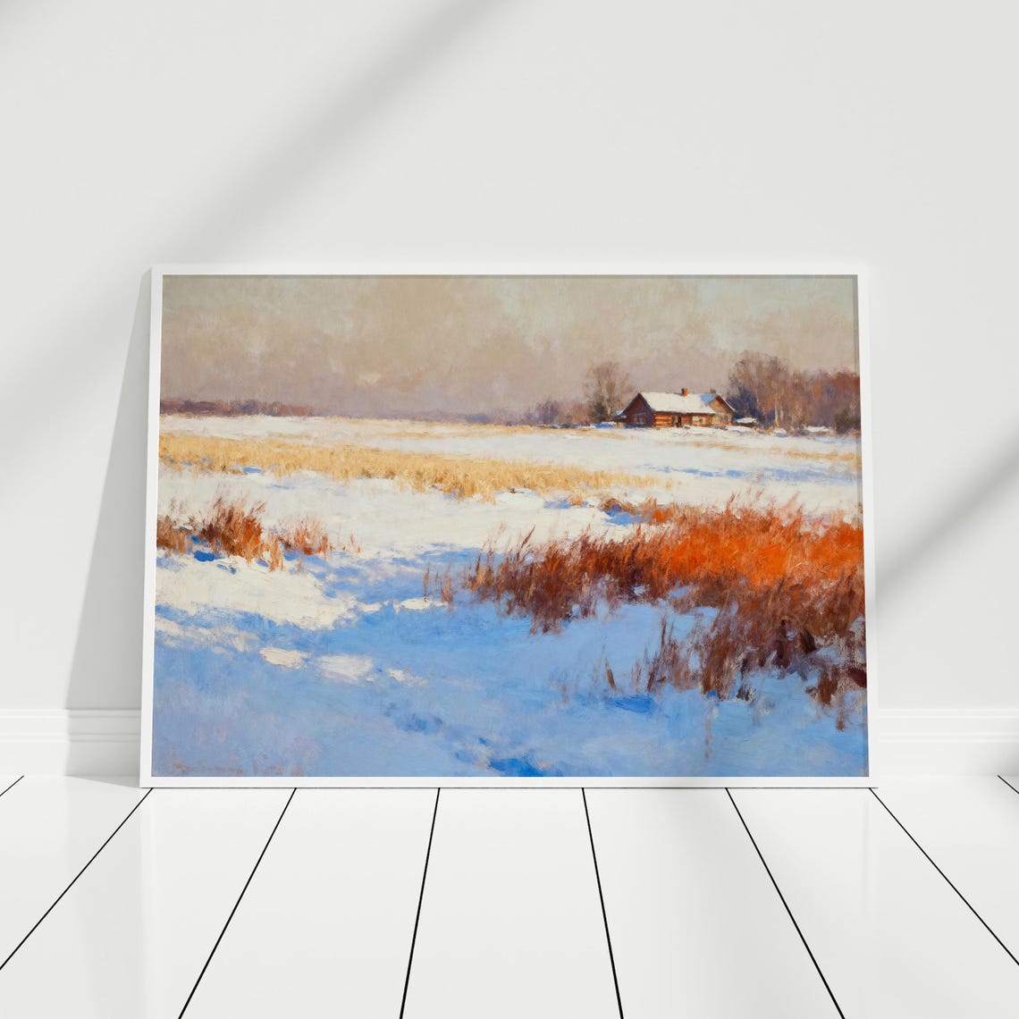Snowy Farmhouse Winter Landscape Golden Light Painting Poster
