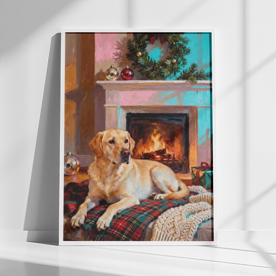 Labrador Retriever By Cozy Fireplace Christmas Holiday Scene Poster