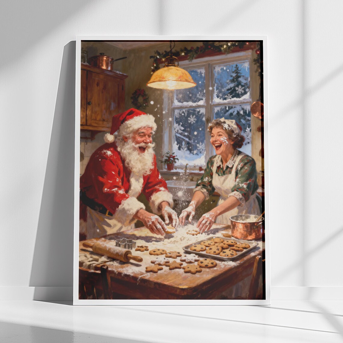 Santa and Mrs Claus Baking Christmas Cookies Kitchen Art Poster
