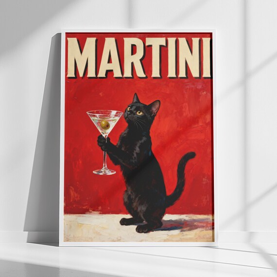 Black Cat Holding a Martini Vintage Red Bar Cocktail Art Poster