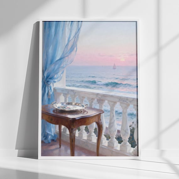 Dreamy Coastal Balcony View Sunset Sea Sailboat Riviera Art Poster