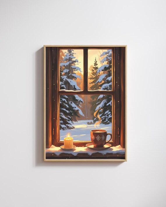 Cozy Winter Window Snowy Cabin Scene Candlelight Christmas Art Print