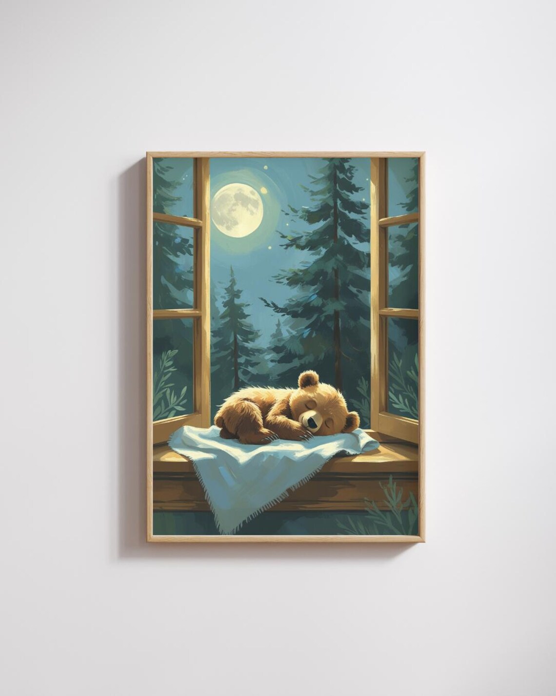 Bear And Forest Through The Window, Nursery Art Print