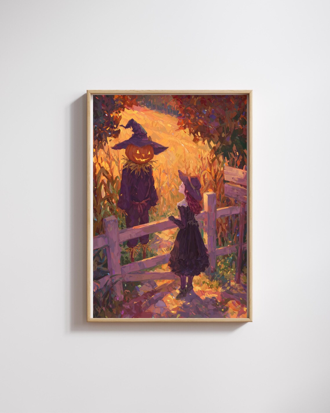 Little Witch Girl And Pumpkin Scarecrow In Autumn Field Art Poster