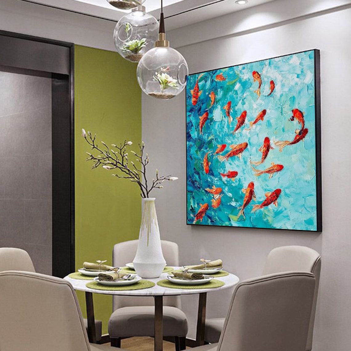 Red Koi Fish Swimming In Sparkling Turquoise Water Impasto Art Poster - Image 2