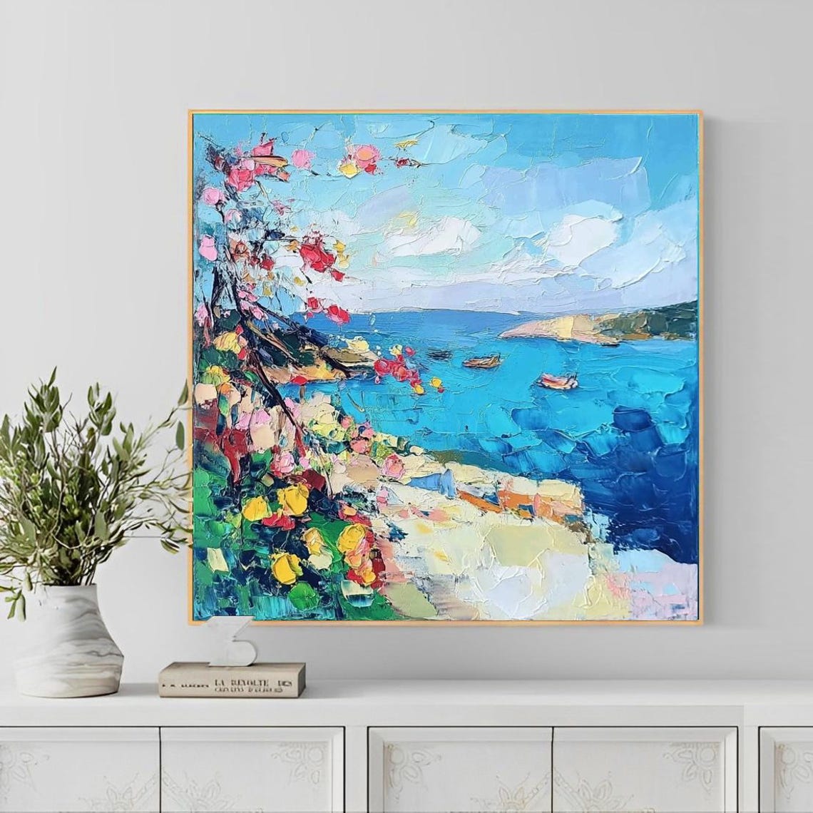 Mediterranean Coast With Blue Sea Flowering Tree Scene Painting Poster - Image 6