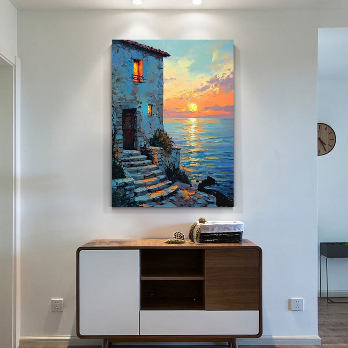 Mediterranean Stone Cottage Overlooking Sunset Seascape Poster - Image 2