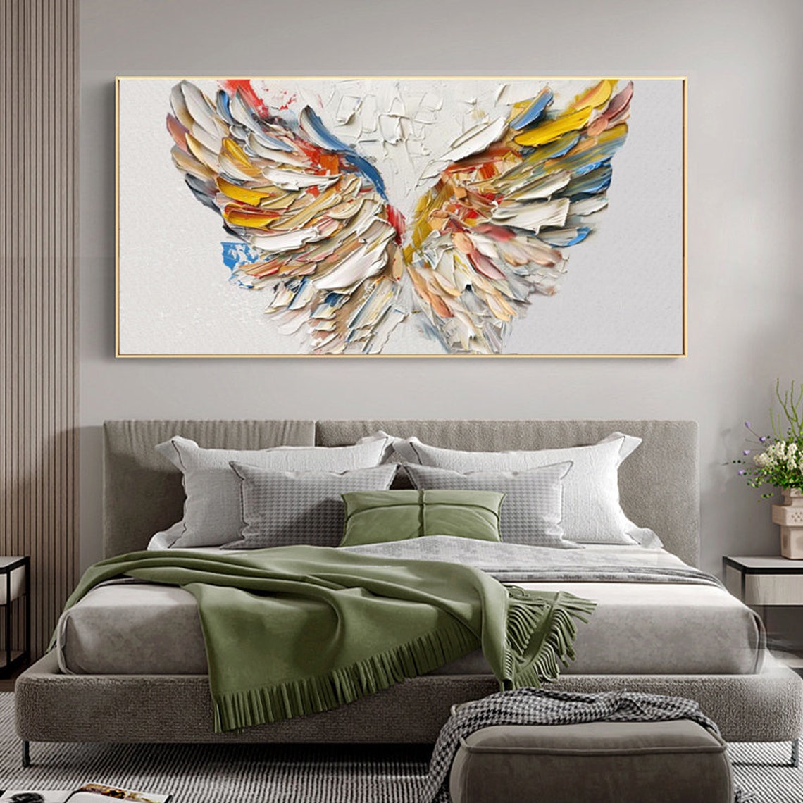 Colorful Angel Wings Painted in Thick Impasto Brushwork Wall Art - Image 2