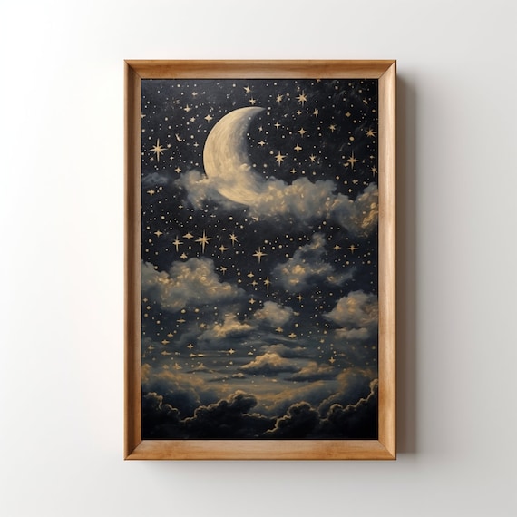 Crescent Moon Starry Night Sky Vintage Painting Midnight Moon Wall Art Evening Sky Print Celestial Artwork Dark Academia Decor