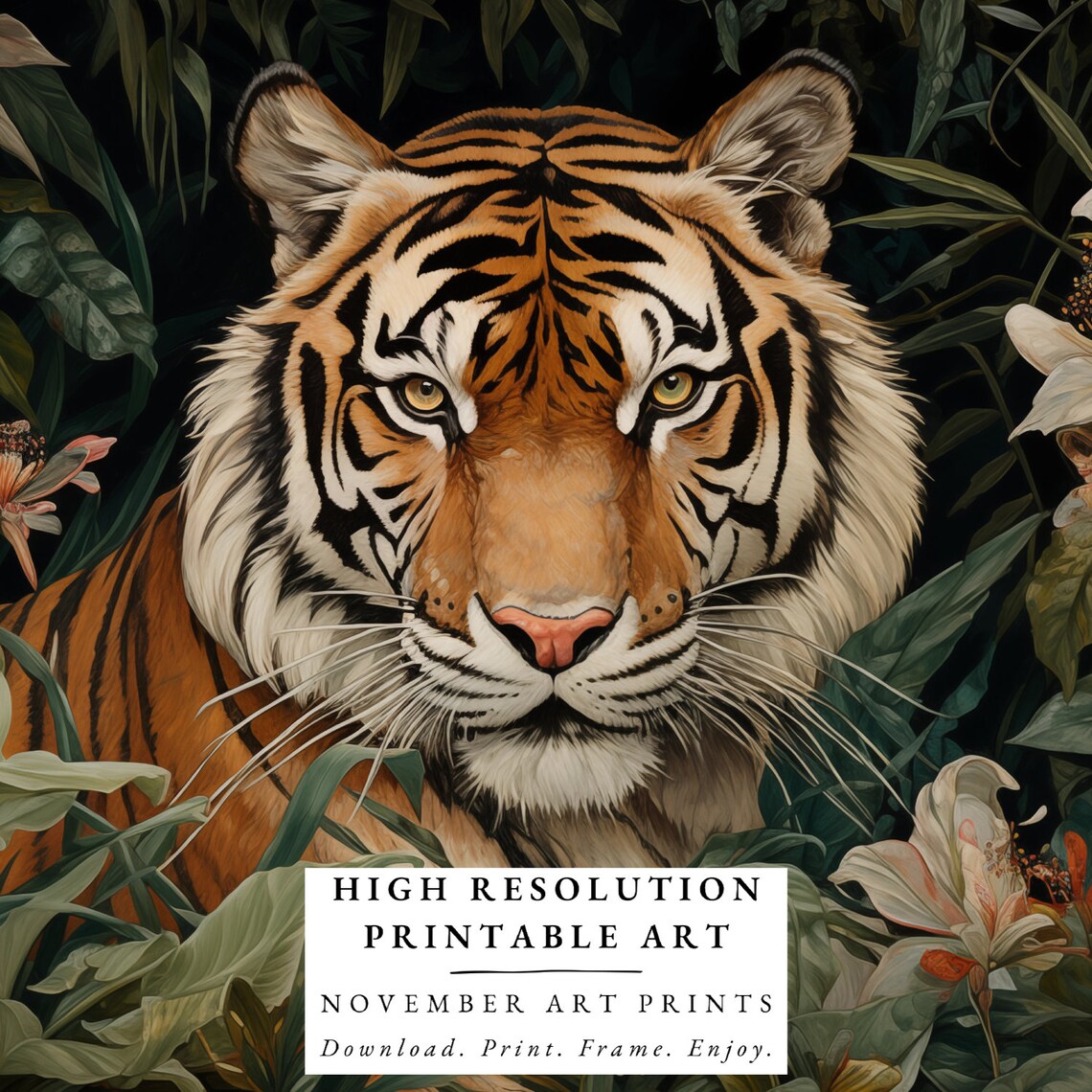 Majestic Tiger Portrait in Dark Jungle Foliage Boho Wall Art - Image 6