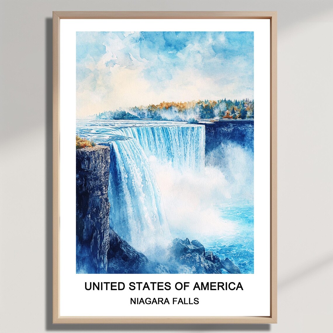 Niagara Falls Watercolor Poster of the Horseshoe Falls in Blue