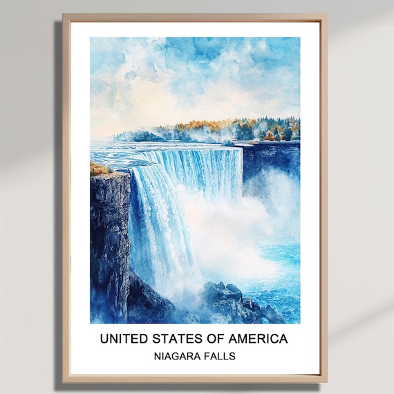 Niagara Falls Watercolor Poster of the Horseshoe Falls in Blue