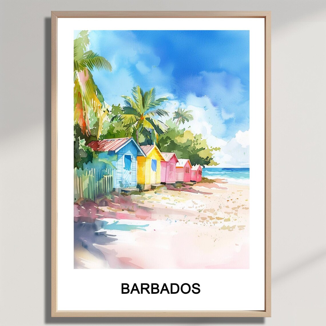 Barbados Watercolor Beach Huts Palm Trees Caribbean Island Travel Poster