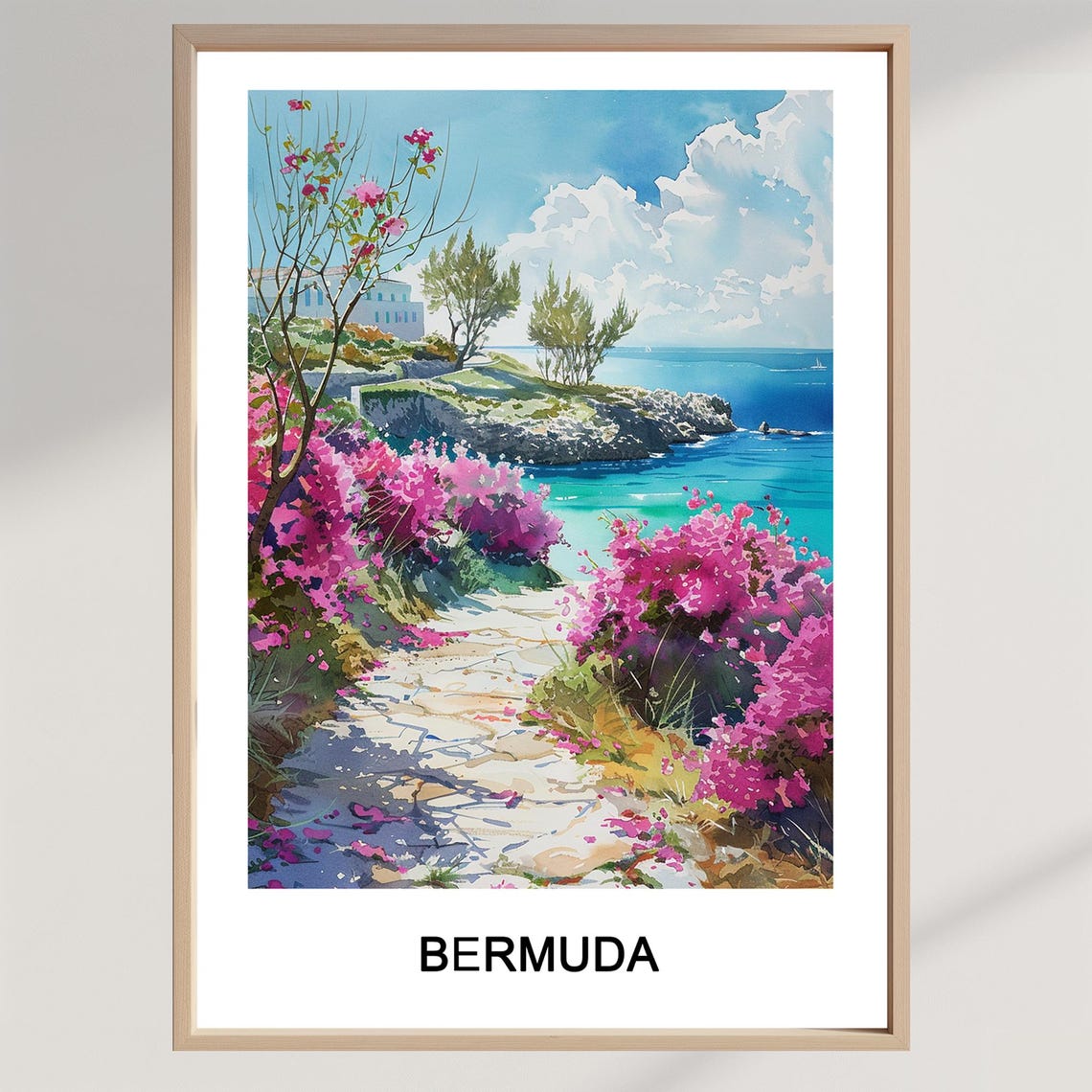 Bermuda Tropical Coastal Path Watercolor Pink Flower Travel Poster