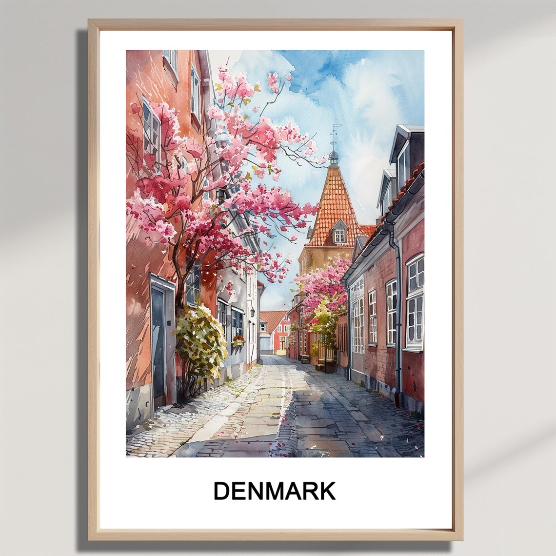 Denmark Cherry Blossom Street Watercolor Cobblestone Old Town Poster