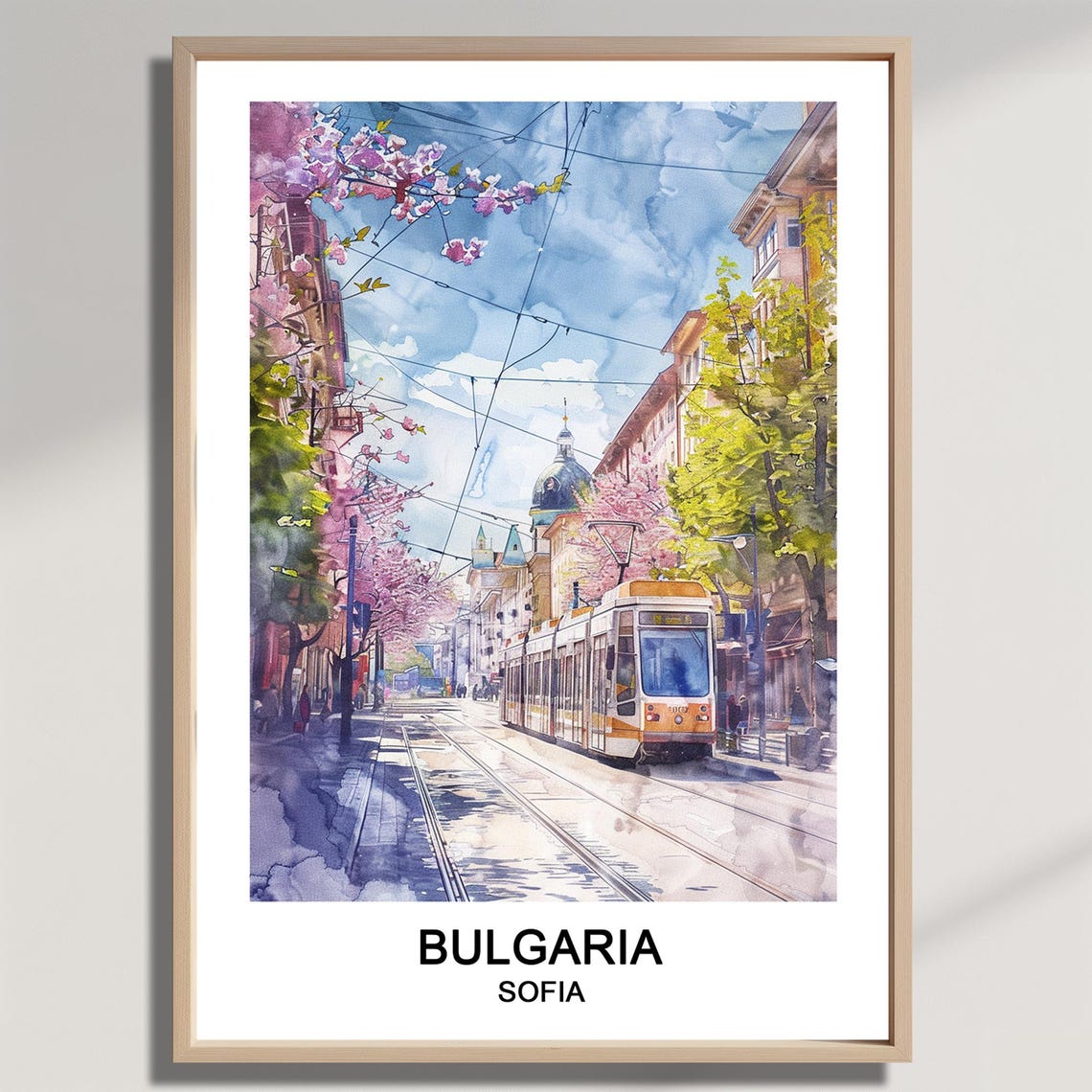 Sofia Bulgaria Tram Street Spring Blossom Watercolor Travel Poster