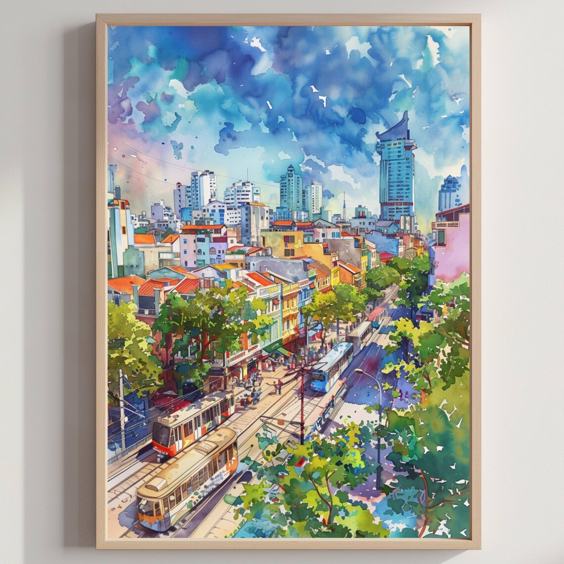 Ho Chi Minh City Vietnam Watercolor Trams Skyline Travel Poster