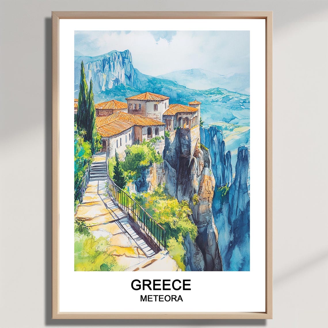 Meteora Greece Monastery Cliffs Rock Pillars Watercolor Travel Poster