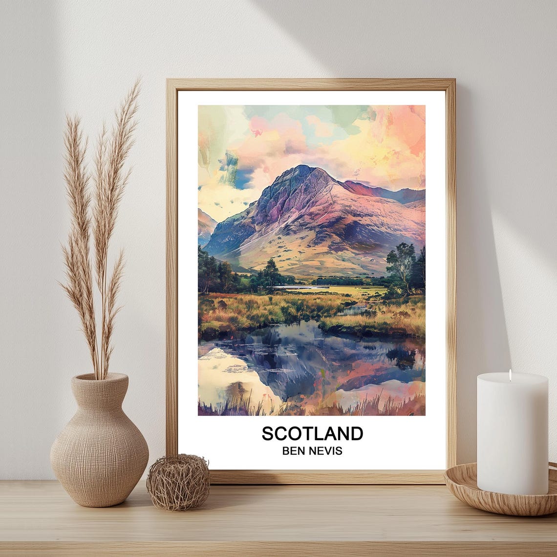 Ben Nevis Scotland Mountain Watercolor Lake Reflection Travel Poster
