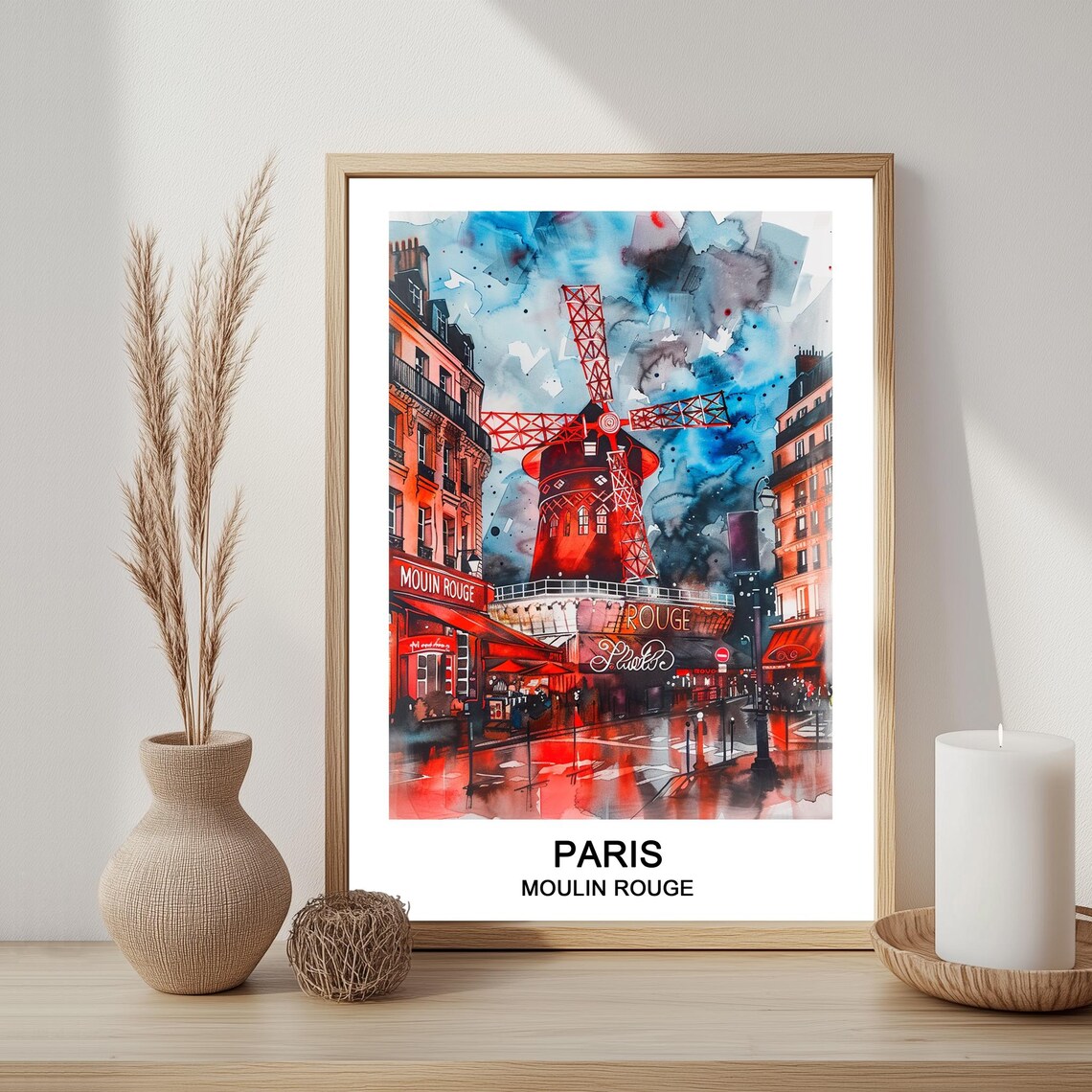 Paris Moulin Rouge Red Windmill Rainy Night Street Watercolor Poster