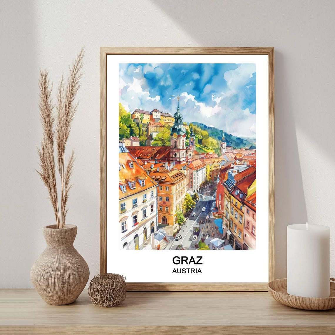 Graz Austria Old Town Rooftops And Church Watercolor Travel Poster
