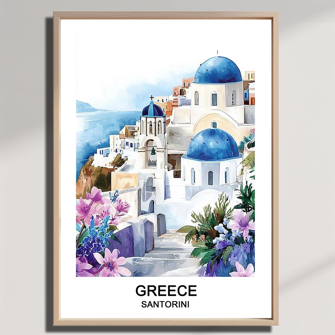 Santorini Greece Watercolor Travel Poster With Blue Domed Churches