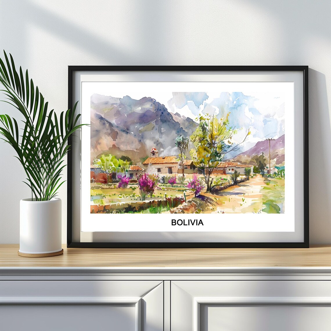 Bolivia Mountain Village Watercolor Andean Landscape Travel Art Poster