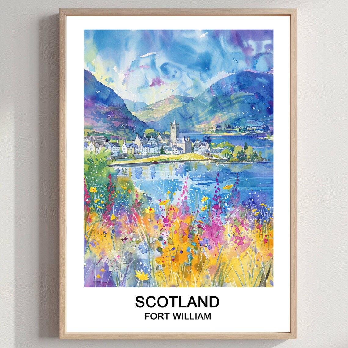 Fort William Scotland Loch Town Wildflower Watercolor Poster