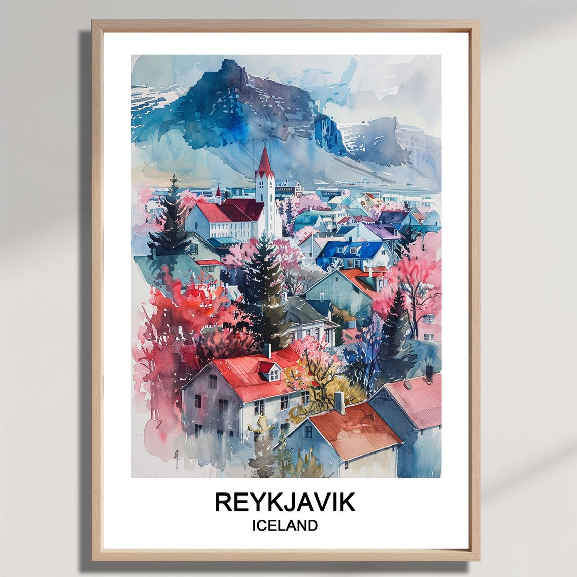Reykjavik Iceland Watercolor Red Roofs Mountain Backdrop Travel Poster