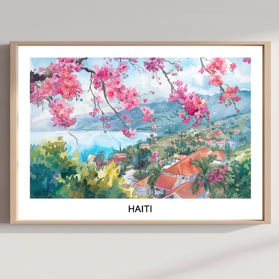 Haiti Watercolor Coastal Town Pink Flowering Trees Travel Poster