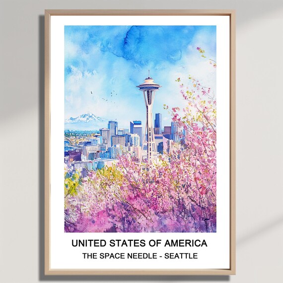 Seattle Space Needle Cherry Blossoms Watercolor Travel Poster