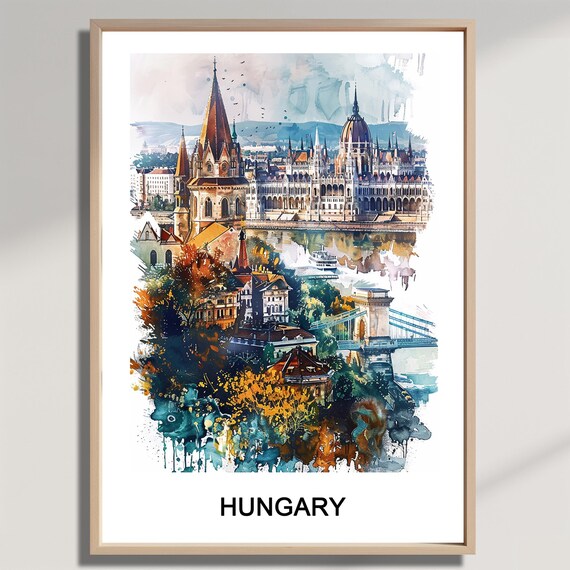 Hungary Travel Print Watercolor Budapest Skyline