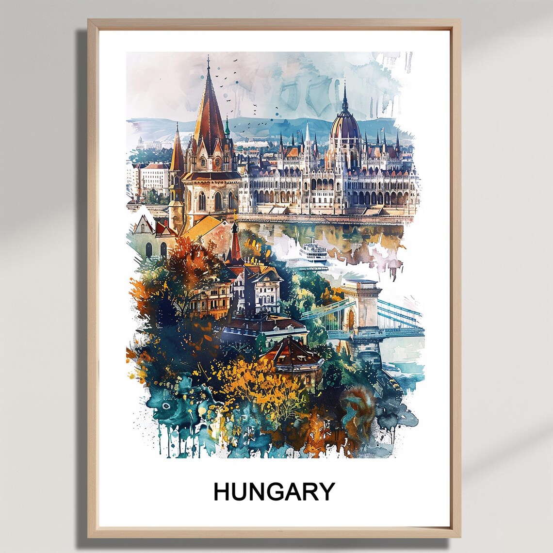 Hungary Travel Print Watercolor Budapest Skyline