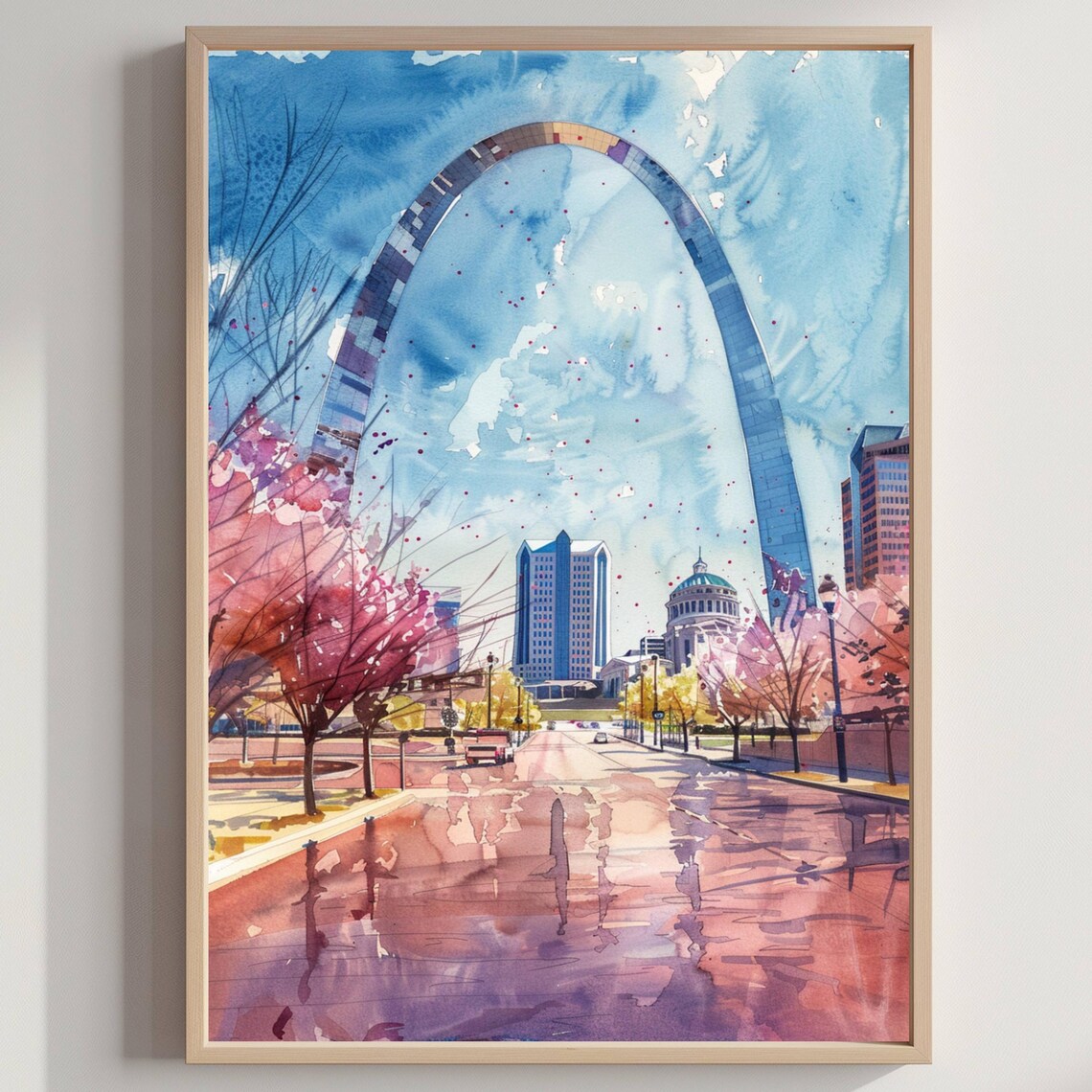 St Louis Gateway Arch Watercolor with Cherry Blossoms Travel Poster