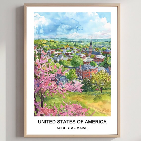 Augusta Maine Town Panorama Cherry Blossom Spring Watercolor Poster