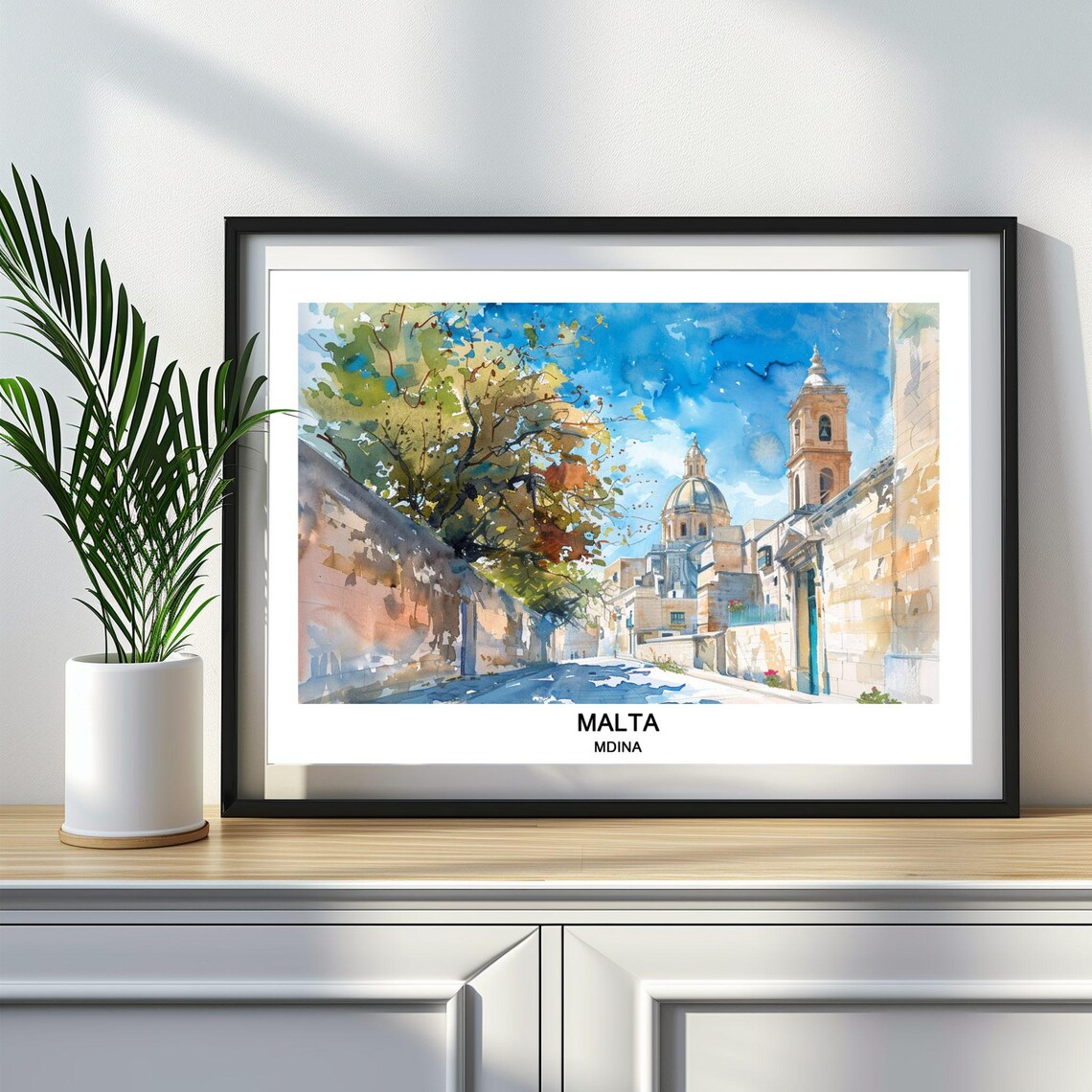 Mdina Malta Old Town Watercolor Travel Art Poster Golden Streets