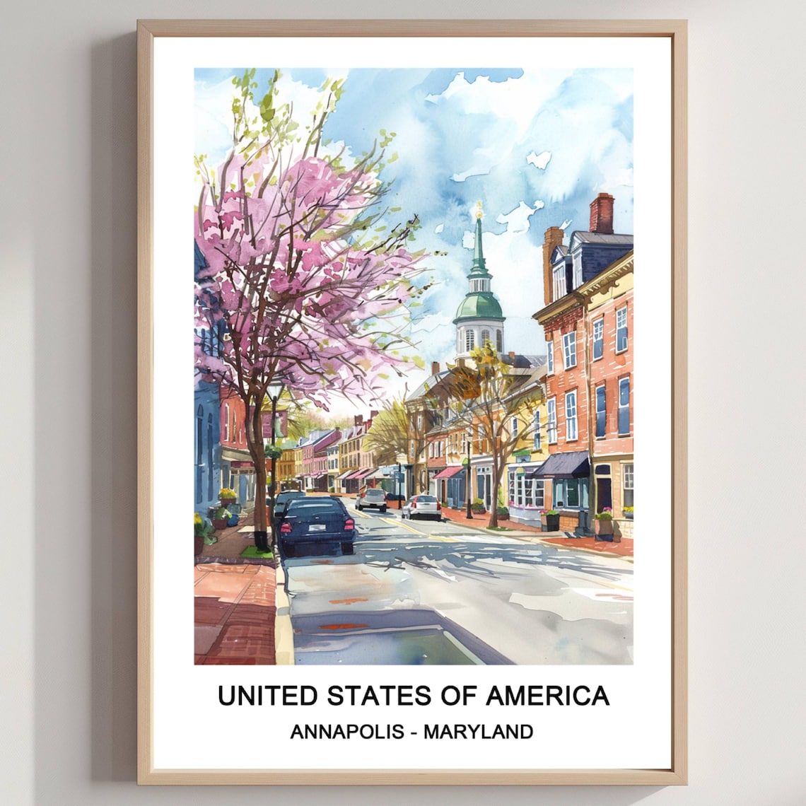Annapolis Maryland Historic Street State House Watercolor Travel Poster