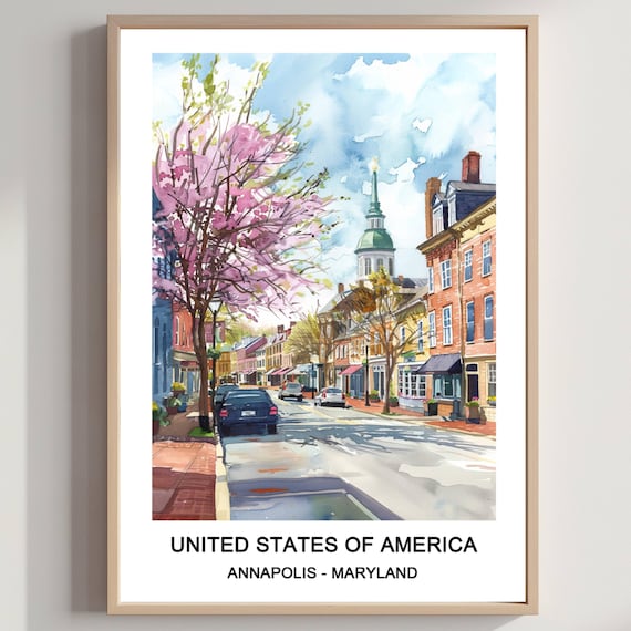 Annapolis Maryland Historic Street State House Watercolor Travel Poster