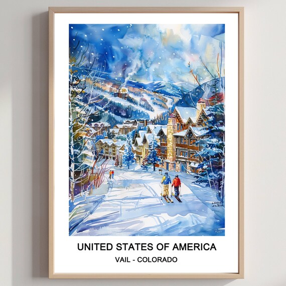 Vail Colorado USA Ski Village Watercolor Winter Travel Poster