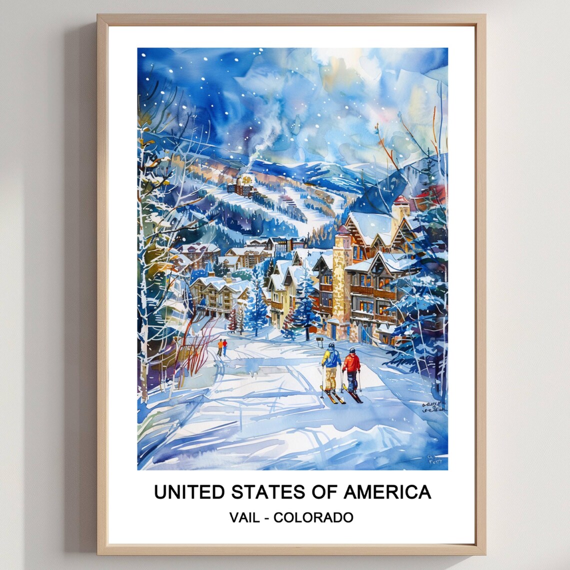 Vail Colorado USA Ski Village Watercolor Winter Travel Poster