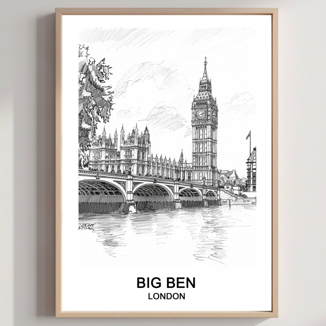 Big Ben London Pencil Sketch Westminster Bridge Travel Poster