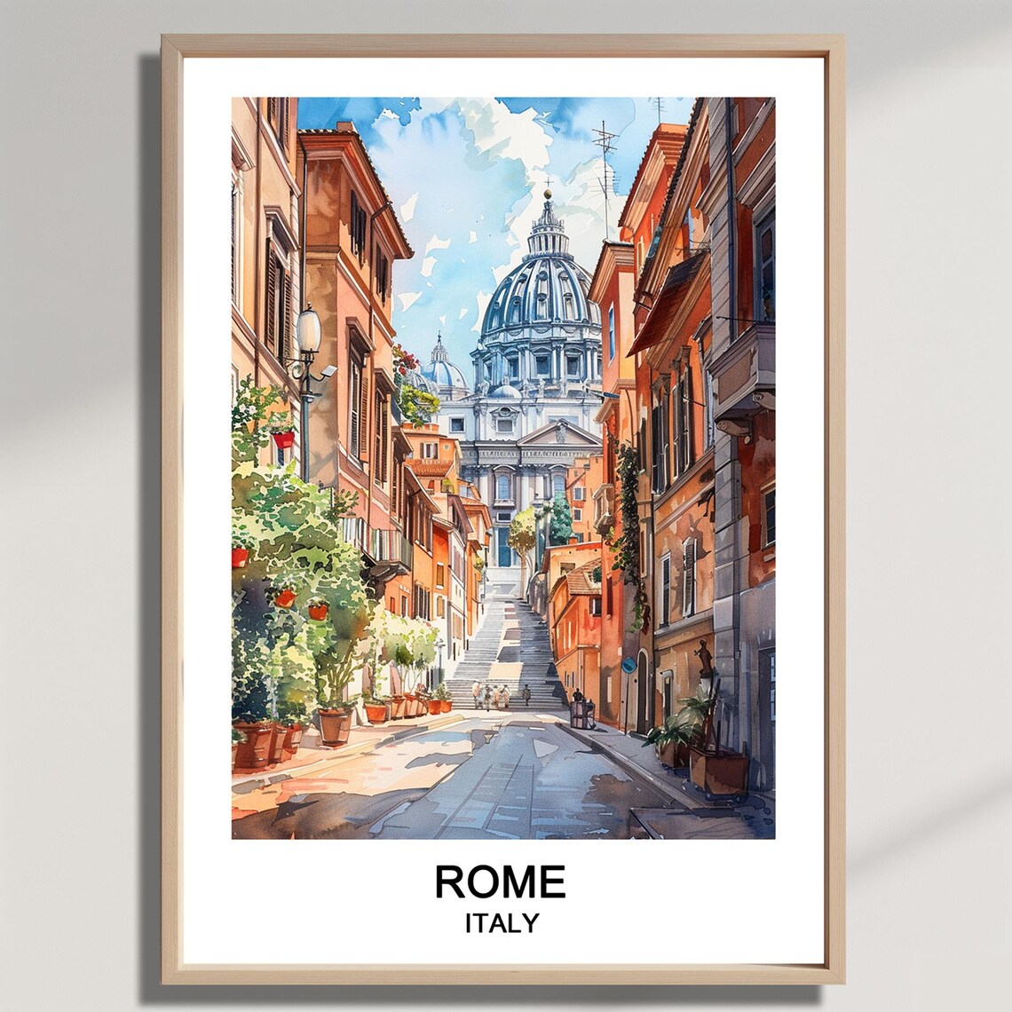 Rome Italy Watercolor Street View Toward St Peters Basilica Poster