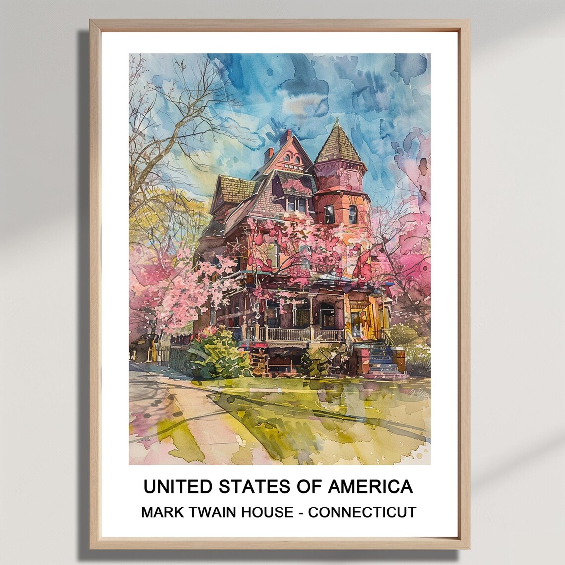 Mark Twain House Connecticut Victorian Watercolor Travel Poster