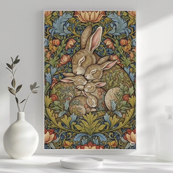 Natureinspired Bunny Family Vertical Posters Home Decorsleeping Wall Artwilliam Morris Styleanimal Printwhimsical Nursery