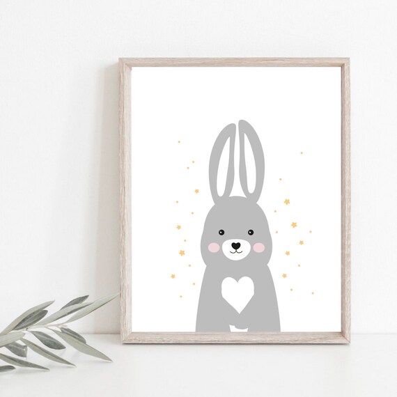 Cute Bunny Nursery Poster Woodland Animal Baby Room Wall Decor