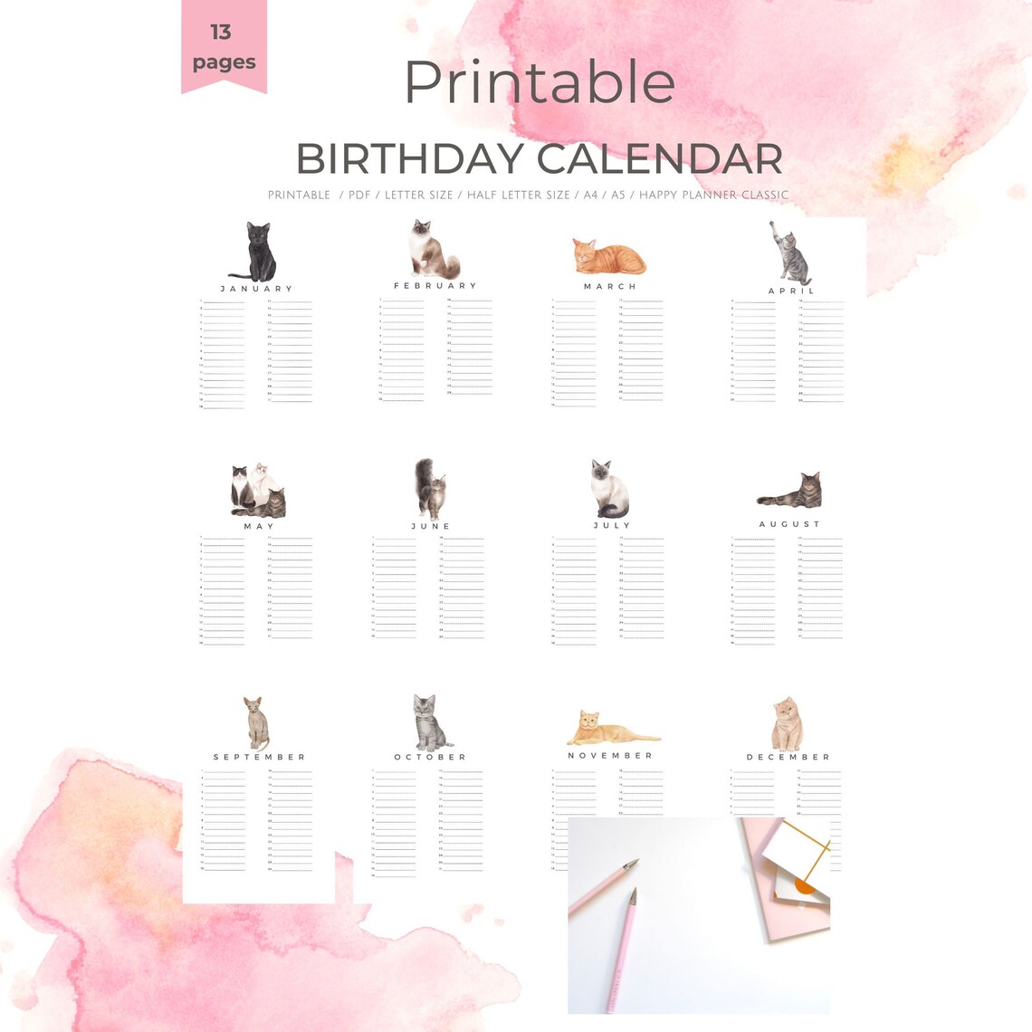 Watercolor Cats Birthday Calendar Digital Download 13 Pages Poster - Image 6